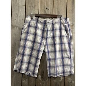 BKE Weatherby Slim Fit Plaid Shorts Mens 33 Cotton Red White Blue Cargo Casual